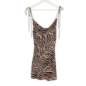 Native Tiger Print Cowl Neck Spaghetti Strap Shoulder Ties Mini Dress Small